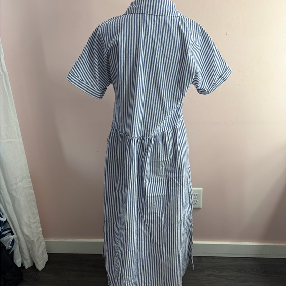 Blue & White Striped Button Front Shirt Dress Collared Midi Casual - Picture 4 of 6